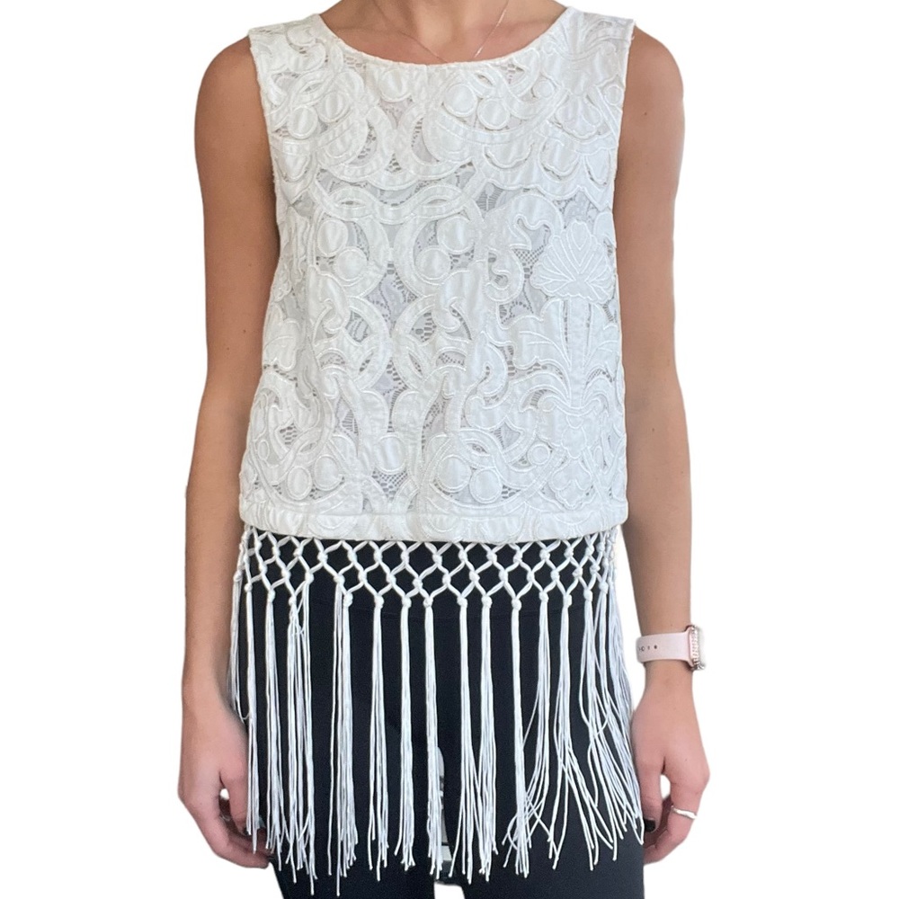 Miss Me Women’s Size Small Ivory White Crochet Gauze Fringe Button Crop Tank Top